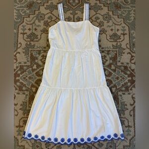 J. Crew Embroidered Saffron Scalloped Tiered White Blue Trim Midi Dress Size 8